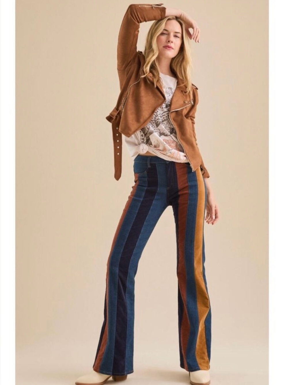 Altar'd State Mixed Fabric Corduroy Denim Striped Flare Jeans Size 28 Stretch
